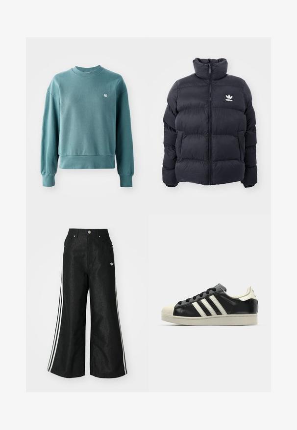 Námořnická puffer bunda s vysokým límcem, zipovým zapínáním a bílým logem Adidas na hrudi. Obsahuje prošité panely a hladký, lesklý povrch.; Svetr s kulatým výstřihem v barvě tyrkysové, se žebrovanými manžetami a lemem, volným střihem a malým bílým logem na levé straně hrudi. Měkký bavlněný materiál.; Černé široké džíny s třemi bílými pruhy po stranách a malým bílým logem. Obsahují přední kapsy a zapínání na knoflík.; Černé kožené sneakers s bílými pruhy, gumovou špičkou, černými tkaničkami a krémovou podešví. Hladký povrch s lesklým finišem.