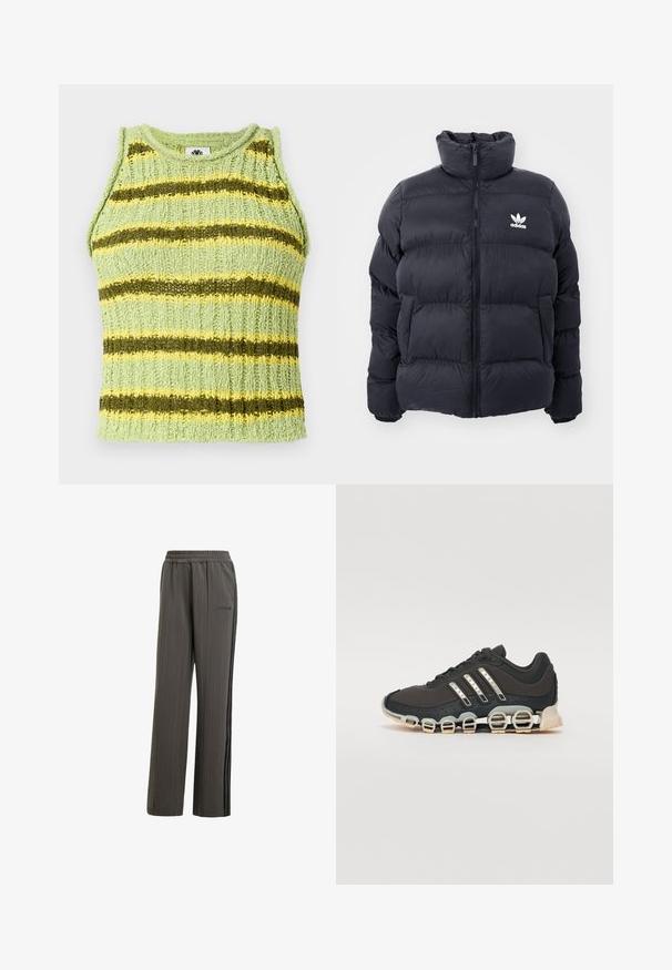 Mornarska puffer jakna s visokim ovratnikom, zatvaranjem na zip i bijelim Adidas logotipom na prsima. Ima šivane panele i glatku, sjajnu teksturu.; Svijetlozeleni pleteni bezrukavnik s horizontalnim tamnozelenim i žutim prugama, rebrastom teksturom i okruglim izrezom.; Sive prugaste trenirke s elastičnom trakicom u struku, bočnim džepovima i crnim bočnim prugama. Imaju mali brendirani logo sprijeda.; Crne atletske tenisice s teksturiranim gornjim dijelom, tri srebrne pruge i posebnim potplatom s višestrukim integriranim sekcijama.