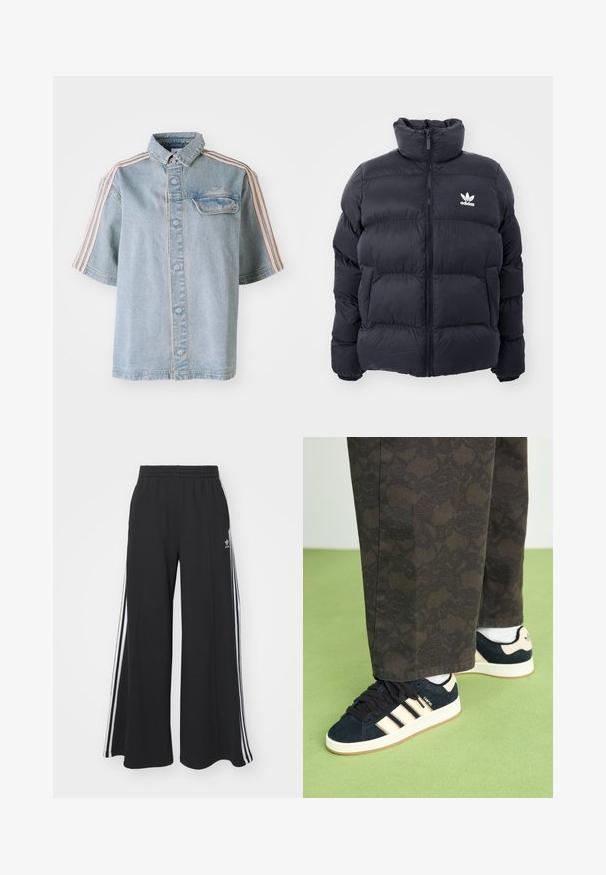 Námořnická puffer bunda s vysokým límcem, zipovým zapínáním a bílým logem Adidas na hrudi. Obsahuje prošité panely a hladký, lesklý povrch.; Džínová košile s přední kapsou, zapínáním na knoflíky a růžovými pruhy na ramenou, vystavená na čistém bílém pozadí.; Černé pohodlné tepláky širokého střihu s elastickým pasem, na boční straně s bílými pruhy a vyšitým logem na levé stehně.; Černé a vzorované kalhoty spárované s tmavě modrými semišovými teniskami s krémovými pruhy a bílými podrážkami. Povrchy jsou zobrazeny jako texturované a rovné.