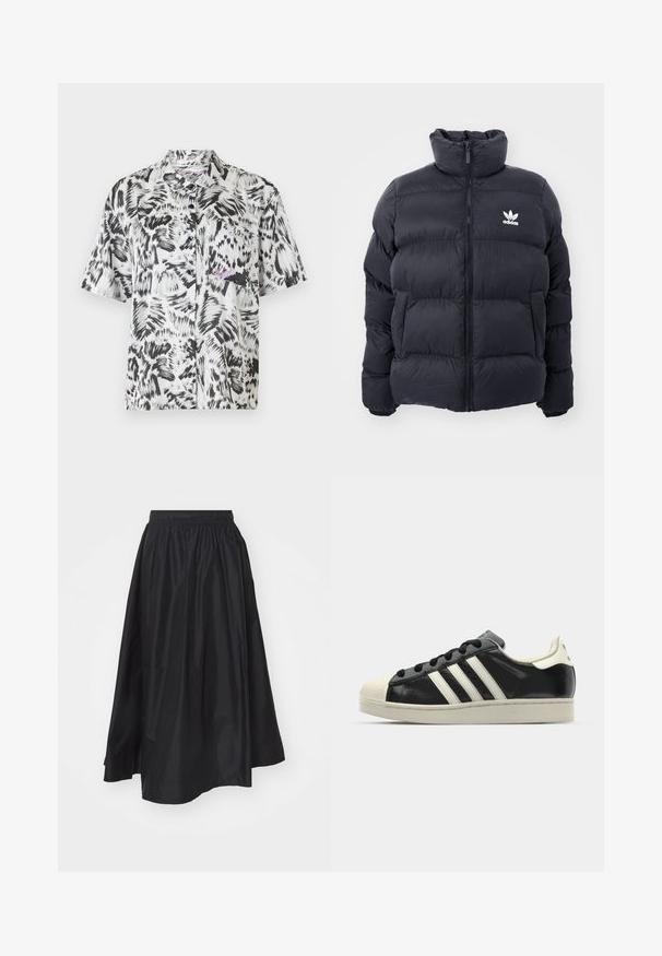 Navy puffer jacket with high collar, zip closure, and white Adidas logo on the chest. Features stitched panels and a smooth, shiny texture.; Short-sleeve shirt in black and white abstract brushstroke pattern, featuring a collar, front pocket, and button-down design.; Black, knee-length skirt made from lightweight fabric, featuring an elastic waistband and a flared design for ease of movement.; Black leather sneaker with white stripes, rubber toe cap, black laces, and a cream-colored outsole. Smooth texture with shiny finish.