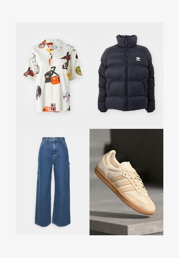 Marineblaues Puffer-Jackett mit hohem Kragen, Reißverschluss und weißem Adidas-Logo auf der Brust. Verfügt über gestickte Paneele und eine glatte, glänzende Textur.; Kurzarmhemd aus weißem Stoff mit bunten musikorientierten Druckmotiven, einer Brusttasche und einer knöpfbaren Front mit klassischem Kragen.; Weite blaue Denim-Hosen mit hoher Taille, kontrastierenden Nähten und Seitentaschen, ausgestattet mit einem klassischen Five-Pocket-Design und rohen Säumen.; Helle beigetöne Wildledersneaker mit Gumminsohle, drei schrägen Streifen und einer strukturierten Zehenkappe. Mit Logo auf der Zunge und der Seite.