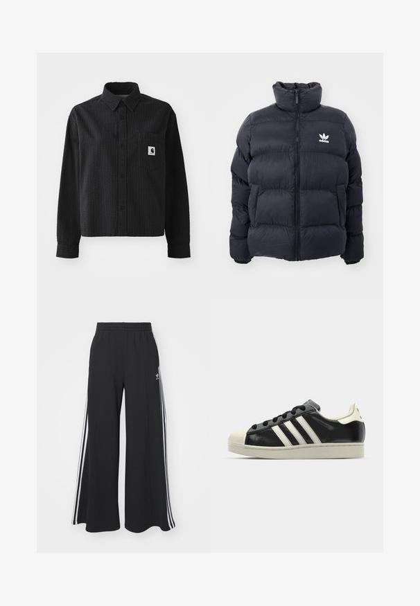 Marineblaues Puffer-Jackett mit hohem Kragen, Reißverschluss und weißem Adidas-Logo auf der Brust. Verfügt über gestickte Paneele und eine glatte, glänzende Textur.; Schwarzes Langarmshirt mit strukturiertem Waffelmuster, Knopfleiste vorne, Kragen und einer Brusttasche mit einem Logo-Patch.; Schwarze weite Sweatpants mit elastischem Bund, versehen mit weißen Seitestreifen und einem gestickten Logo auf dem linken Oberschenkel.; Schwarze Ledersneaker mit weißen Streifen, Gummikappe, schwarzen Schnürsenkeln und einer cremefarbenen Sohle. Glatte Textur mit glänzender Oberfläche.