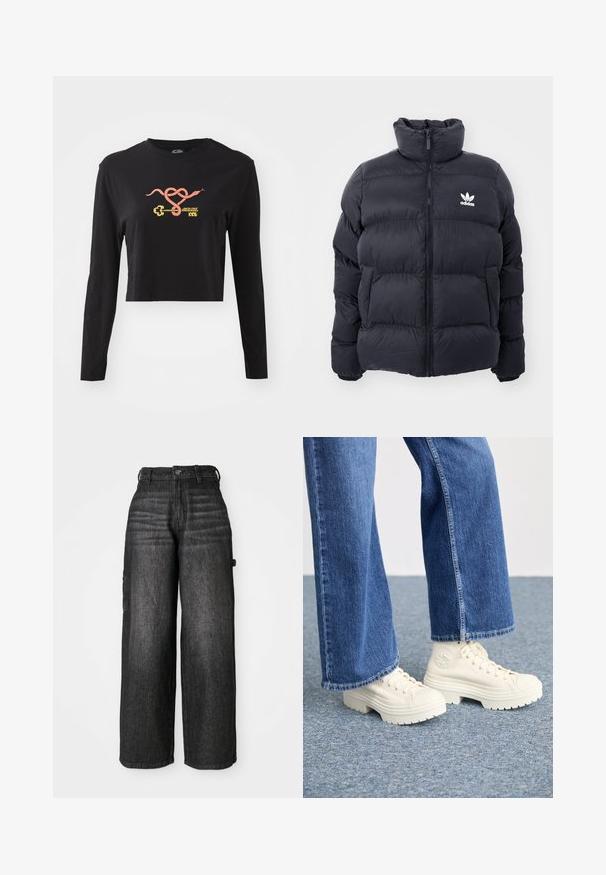 Tengerész kék puffertöltött dzseki magas gallérral, cipzáros záródással és fehér Adidas logóval a mellkasán. Jellemzője a tűzött panelek és a sima, fényes textúra.; Fekete, hosszú ujjú crop top, pamutból készült. Elülső oldalán színes grafikával készült kígyó és kulcs látható. Egyszerű, kerek nyakú dizájn.; Széles lábú cargo farmer sötétkék színben. Magas derekú, két oldalsó zsebbel és finom, kopott hatással rendelkezik. Tartós anyag és testreszabott fazon.; Fehér magas szárú sportcipők vastag, bordás talppal és kör alakú logó részlettel, világoskék, bőszárú farmernadrággal viselve.