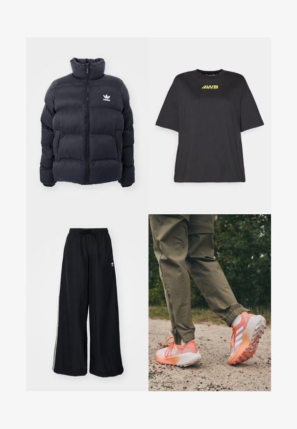 Tumesine puffer jope kõrge kraega, lukuga ja valge Adidas'i logoga rinnal. Omab õmmeldud paneele ja siledat, läikivat tekstuuri.; Must musta lühikeste varrukatega T-särk, mis on valmistatud pehmest puuvillast, omab lõdva lõiget, ümmargust kaelust ja kollast logo rinnal.; Mustad must laiad püksid, mis on valmistatud kergest kangast. Omavad elastset vöökohta tõmblukuga ja valget külgtriipu. Brändi logo puus.; Gradient disainiga spordijalatsid, peamiselt roosa ja valge värviga, tekstureeritud tallad ja kontrastsed shoelaces, kantud oliivroheliste pükstega.