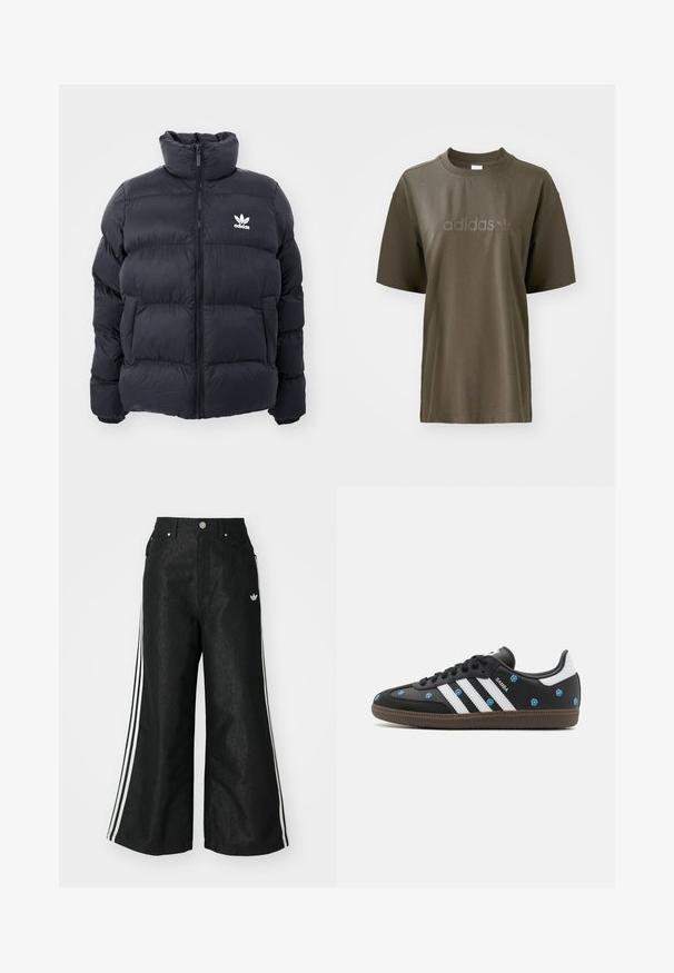 Tumesine puffer jope kõrge kraega, lukuga ja valge Adidas'i logoga rinnal. Omab õmmeldud paneele ja siledat, läikivat tekstuuri.; Oliivroheline puuvillane t-särk ümarate kaelustega, lühikeste varrukatega ja tonalise "adidas" logoga rinnal. Minimalistlik disain ja sile tekstuur.; Mustad mustadeline denimipüksid, millel on kummalgi küljel kolm valget triipu ja väike valge logo. Omab esikotte ja nööbiga kinnihoidmist.; Musthave mustad tossud, millel on valged triibud ja sinine lilleline tikand. Omavad pruuni kummist tallat ja ümara varbaga disaini.