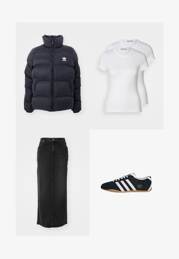 Tumesine puffer jope kõrge kraega, lukuga ja valge Adidas'i logoga rinnal. Omab õmmeldud paneele ja siledat, läikivat tekstuuri.; Kaks valget puuvillast T-särki lühikeste varrukatega, ümarate kaelustega ja kitseneva siluetiga, millel on sujuv tekstuur ja minimalistlik disain.; Must mustriga maxi seelik mustast denimist, sirge lõikega, keskmise tõusuga vöökoht, ees taskud ja nähtav õmblus ääres.; Must musta tennisjalanikesed valgete kolme triibuga, kuldse logo ja pruuni kummitaldiga. Omab madalat sidumise disaini.