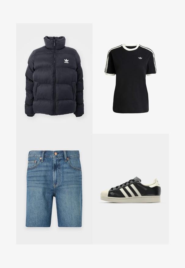 Mornarska puffer jakna s visokim ovratnikom, zatvaranjem na zip i bijelim Adidas logotipom na prsima. Ima šivane panele i glatku, sjajnu teksturu.; Crna pamučna majica s bijelim detaljima na ovratniku i rukavima, s tri bijele pruge na svakom ramenu i malim logotipom na prsima.; Traperice kratke hlače svijetlo plave boje, s klasičnim krojem, pet džepova i bakrenim detaljima za kontrast. Teksture s umjerenom težinom.; Crni kožni tenisice s bijelim prugama, gumeni zaštitni vrh, crne vezice i bijela potplata boje krem. Glatka tekstura s sjajnim završetkom.