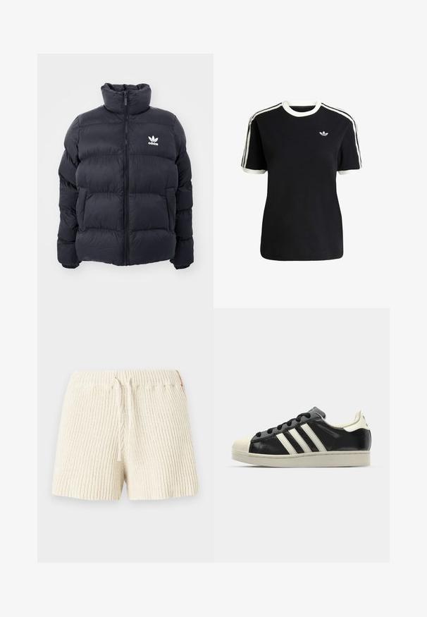 Marineblauwe pufferjack met hoge kraag, ritssluiting en wit Adidas-logo op de borst. Beschikt over gestikte panelen en een gladde, glanzende textuur.; Zwarte katoenen t-shirt met witte accenten op de kraag en mouwen, met drie witte strepen op elke schouder en een klein logo op de borst.; Crème kleurige gebreide shorts met een ribbeltextuur, een elastische tailleband en een trekkoord. Bevat een klein accentlabel aan de zijkant.; Zwarte leren sneaker met witte strepen, rubberen teenbescherming, zwarte veters en een crèmekleurige loopzool. Glad oppervlak met een glanzende afwerking.