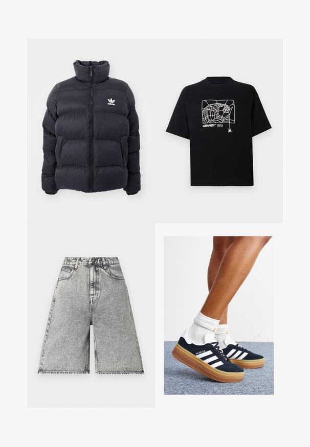 Marineblaues Puffer-Jackett mit hohem Kragen, Reißverschluss und weißem Adidas-Logo auf der Brust. Verfügt über gestickte Paneele und eine glatte, glänzende Textur.; Schwarzes T-Shirt aus Baumwolle mit kurzen Ärmeln. Mit einem weißen Spinnennetz-Graphic und Logo auf der Vorderseite. Einfacher runder Ausschnitt.; Denim-Shorts im schwarz-grauen Acid-Wash-Muster, mit hoher Taille, Gürtelschlaufen und fünf Taschen. Die Kanten sind verarbeitet.; Schwarze Wildledersneaker mit weißen Streifen und Akzenten, rundlicher Zehenbereich, Sohlen aus braunem Gummi, kombiniert mit weißen, gerippten Sneakersocken.