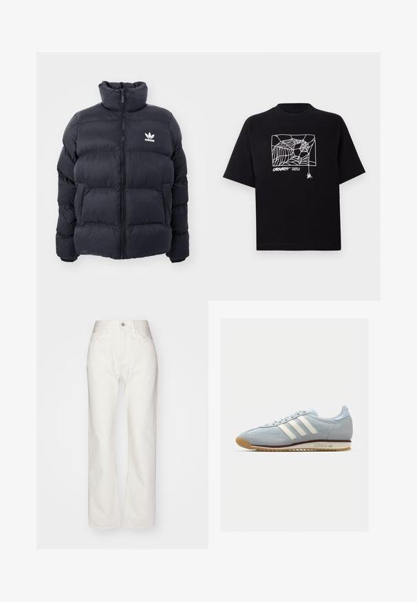 Jūras zils pūkains jaka ar augstu apkakli, rāvējslēdzēja aizdari un balto Adidas logo uz krūtīm. Iekļauj izšūtas paneļus un gludu, spīdīgu tekstūru.; Melnā kokvilnas T-kreklā ir īsas piedurknes. Uz priekša ir balti zirnekļa tīkla grafika un logo. Vienkārša noapaļota izgriezne.; Baltās denima bikses ar augstu vidukli un plašu piegriezumu. Iezīmējas ar pogu un rāvējslēdzēja aizdari, jostu cilpiņām un smalkiem šķiedru akcentiem.; Gaiši zili zamša sporta apavi ar baltām trim svītrām, gumijas zoli un teksturētu sietu. Ietver gludu purngalu un zīmolu uz papēža.