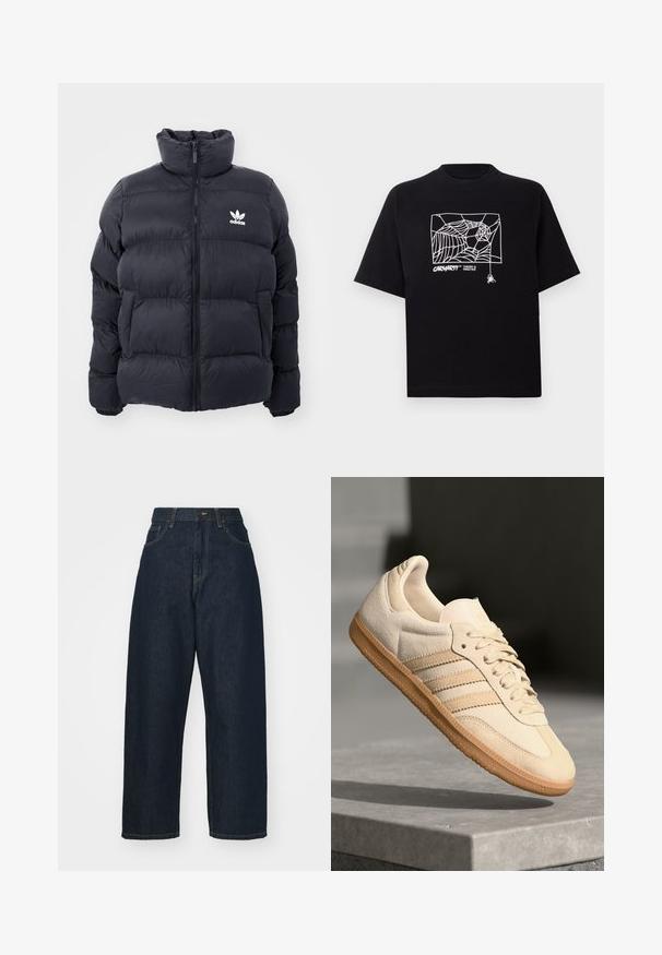 Tumesine puffer jope kõrge kraega, lukuga ja valge Adidas'i logoga rinnal. Omab õmmeldud paneele ja siledat, läikivat tekstuuri.; Mustmust särgis, millel on lühikesed varrukad. Esipaneelil on valge ämblikuvõrgu graafika ja logo. Lihtne ümmargune kaelus.; Tumesinine denim laiad sääred teksad kõrge vöökoht. Omab esipokke ja traditsioonilist õmblust. Sile tekstuur, sirge lõige.; Hele beeži sueded spordijalatsid, millel on kummist välistald, kolm diagonaalset triipu ja tekstuuriga varvaste katus. Omab logo keelel ja külgedel.