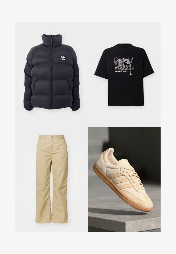 Tummansininen puffer-takki, jossa on korkea kaulus, vetoketjusuljenta ja valkoinen Adidas-logo rinnassa. Takissa on ommeltuja paneeleja ja sileä, kiiltävä pinta.; Mustapaita, joka on valmistettu puuvillasta ja jossa on lyhyet hihat. Edessä on valkoinen hämähäkinseittigrafiikka ja logo. Yksinkertainen, pyöreä kaula-aukko.; Valkoinen puuvillainen leveälahkeinen housut, joissa on sileä pinta, edessä taskut ja hopeinen nappi vyötäröllä.; Vaalea beige mokkanahkakenkä, jossa on kumipohja, kolme vinoraitaa ja struktuuroitu varvaskappale. Varustettu logolla kielellä ja sivussa.