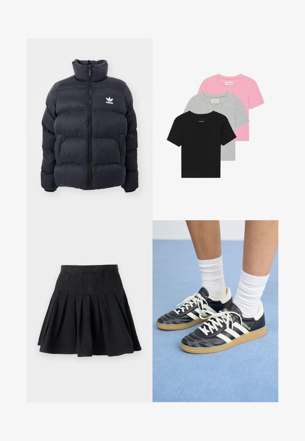 Ναυτικό πούφφερ μπουφάν με ψηλό γιακά, φερμουάρ και λευκό λογότυπο Adidas στο στήθος. Διαθέτει ραμμένα πάνελ και ομαλή, γυαλιστερή υφή.; Τρία κοντομάνικα μπλουζάκια: ένα μαύρο, ένα γκρι, ένα ροζ. Το καθένα διαθέτει κλασική στρογγυλή λαιμόκοψη και μαλακό, ελαστικό ύφασμα με μείγμα βαμβακιού.; Μαύρη πλισέ φούστα από βαμβακερό ύφασμα. Διαθέτει στενή μέση και φαρδιά γαζί. Απλός σχεδιασμός χωρίς ορατά μοτίβα ή διακοσμητικά στοιχεία.; Μαύρα δερμάτινα αθλητικά παπούτσια με λευκές ρίγες, στρογγυλή μύτη, λευκές κορδόνες και σόλα από καουτσούκ. Ενισχυμένα με επενδεδυμένο κολάρο και λεπτομέρειες σήμανσης.