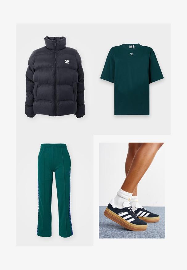 Mornarska puffer jakna s visokim ovratnikom, zatvaranjem na zip i bijelim Adidas logotipom na prsima. Ima šivane panele i glatku, sjajnu teksturu.; Tamnozelena pamučna majica širokog kroja s kratkim rukavima i okruglim izrezom, s bijelim Adidas logotipom na prsima.; Zelene pletene trenirke s elastičnim pojasom, koje imaju ljubičaste pruge uz strane i mali logo na području bedra.; Crne tenisice od brušene kože s bijelim prugama i detaljima, okruglim vrhom, gumeni potplat boje gume, uparene s bijelim rebrastim čarapama.