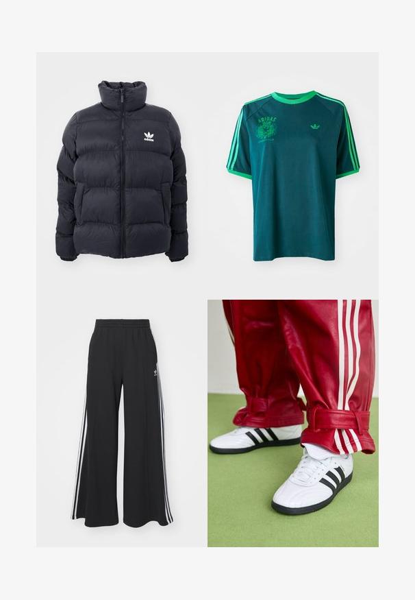 Tumesine puffer jope kõrge kraega, lukuga ja valge Adidas'i logoga rinnal. Omab õmmeldud paneele ja siledat, läikivat tekstuuri.; Türkiisi puuvillane t-särk roheliste aktsentidega, laeva kaelusega, raglansleeved, ja prinditud Adidas logo rinnal ja varrukal.; Mustad laiad trenni püksid elastse vöökohtaga, millel on valged küljeribad ja tikitud logo vasakul reiel.; Valged spordijalatsid mustade triipudega ja mustade talladega, millele on lisatud punased nahkpüksid valgete külgtriipudega ja reguleeritavate pahkluude elastsustega.