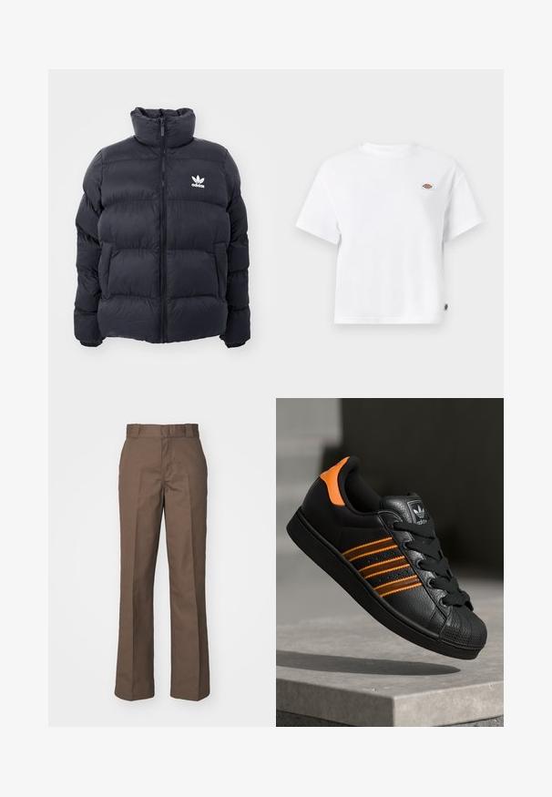 Mornarska puffer jakna s visokim ovratnikom, zatvaranjem na zip i bijelim Adidas logotipom na prsima. Ima šivane panele i glatku, sjajnu teksturu.; Bijela pamučna majica s opuštenim krojem, koja sadrži malu oznaku na prsima i oznaku sa strane za dodatnu detaljnost.; Smeđe pamučne hlače ravnog kroja, s ravnim prednjim dijelom i petljama za remen. Glatka tekstura, bez vidljivih uzoraka ili akcenta.; Crni tenisice s narančastim naglascima, tri horizontalne pruge, teksturirani kožni gornji dio, gumen kapica za prste i crne vezice.
