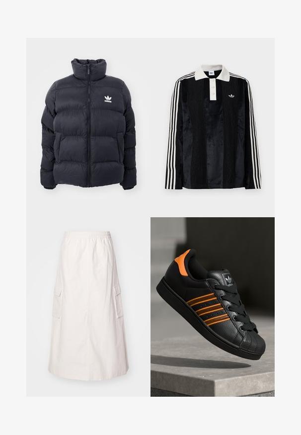 Tengerész kék puffertöltött dzseki magas gallérral, cipzáros záródással és fehér Adidas logóval a mellkasán. Jellemzője a tűzött panelek és a sima, fényes textúra.; Fekete bársony hosszúujjú pólóing fehér bordás gallérral, három gombbal, texturált elülső résszel és három fehér csíkkal minden ujjon.; Világos bézs, térd alá érő szoknya, rugalmas derékkal. Két oldalsó cargo zsebbel és sima textúrájú egyenes szabással rendelkezik.; Fekete sportcipő narancssárga részletekkel, három vízszintes csíkkal, texturált bőr felsőrésszel, gumis orral és fekete fűzőkkel.