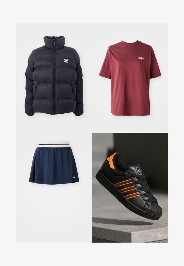 Jachetă puffer bleumarin cu guler înalt, închidere cu fermoar și logo Adidas alb pe piept. Se remarcă prin panouri cusute și o textură netedă, lucioasă.; Tricou din bumbac bordeux cu guler rotund, mâneci scurte și un mic logo alb în zona stângă a pieptului. Textură netedă, croială lejeră.; Fustă de culoare albastru închis, confecționată dintr-un material moale, cu un elastic alb în talie, având două dungi albastre și un mic logo în josul tivului.; Adidași negri cu accente portocalii, trei dungi orizontale, parte superioară din piele texturată, capac de cauciuc pentru vârf și șireturi negre.