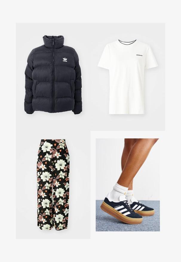 Morská prešívaná bunda s vysokým golierom, zipsom a bielym logom Adidas na hrudi. Obsahuje prešívané panely a hladkú, lesklú textúru.; Biela bavlnená tričko s krátkymi rukávmi a okrúhlym výstrihom. Obsahuje čierne logo Adidas na hrudi a kontrastný čierny vnútorný golier.; Čierne kvetinové nohavice s veľkými bielymi, oranžovými a hnedými kvetmi, vo voľnom, širokom strihu a z jemnej, ľahkej tkaniny.; Čierne semišové tenisky s bielymi pruhmi a detailmi, so zaoblenou špičkou, podrážkou z gumovej gumy, doplnené bielymi rebrovanými ponožkami.