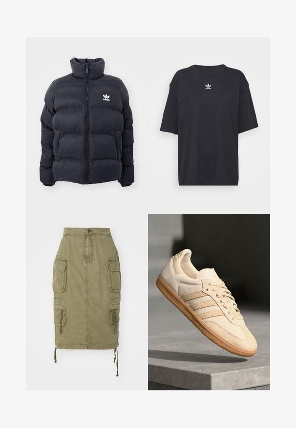 Casaco puffer azul marinho com gola alta, fecho de zip e logotipo branco da Adidas no peito. Apresenta painéis cosidos e uma textura suave e brilhante.; T-shirt de algodão preto com mangas curtas, decote arredondado, apresenta um logótipo branco da Adidas no peito. Design simples, ajuste descontraído.; Alpha Industries MULTIPOCKET SKIRT - Saia de ganga - olive; Sapatilha de camurça bege clara com sola de borracha, três riscas diagonais e uma biqueira texturizada. Apresenta o logótipo na língua e na lateral.