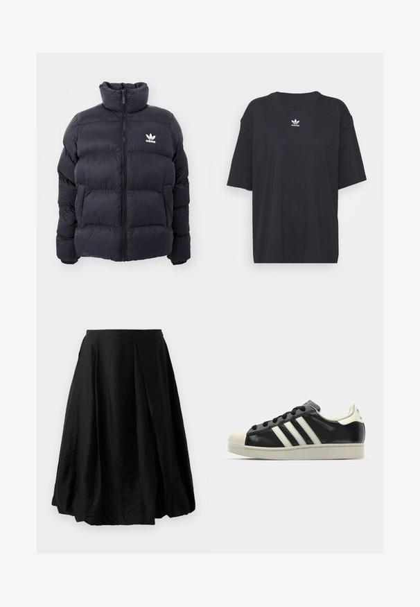 Jūras zils pūkains jaka ar augstu apkakli, rāvējslēdzēja aizdari un balto Adidas logo uz krūtīm. Iekļauj izšūtas paneļus un gludu, spīdīgu tekstūru.; Melna kokvilnas t-kreklā ar īsām piedurknēm un apaļu kakla izgriezumu, uz krūtīm ir balta Adidas logo. Vienkāršs dizains, brīvs piegriezums.; Melna plisētā svārku, kas izgatavota no viegla, teksturēta auduma. A-veida forma ar vidus teļu garumu un sānu rāvējslēdzēju. Nav redzamu rakstu.; Melna ādas sporta apava ar baltām svītrām, gumijas purngala aizsardzību, melnām auklām un krēma krāsas zoli. Gluda tekstūra ar spīdīgu apdari.