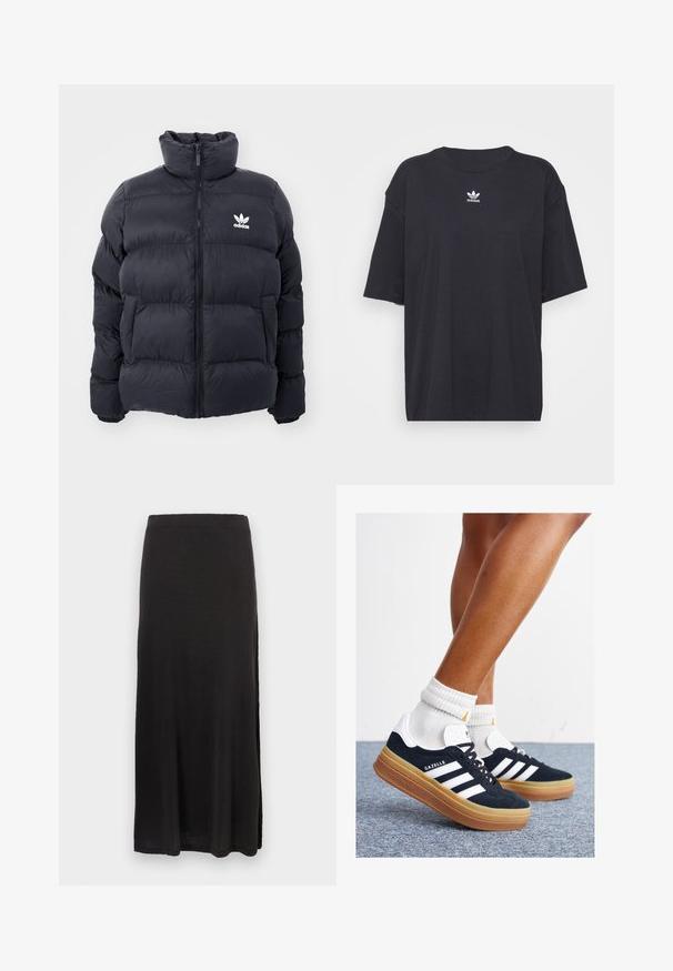 Jūras zils pūkains jaka ar augstu apkakli, rāvējslēdzēja aizdari un balto Adidas logo uz krūtīm. Iekļauj izšūtas paneļus un gludu, spīdīgu tekstūru.; Melna kokvilnas t-kreklā ar īsām piedurknēm un apaļu kakla izgriezumu, uz krūtīm ir balta Adidas logo. Vienkāršs dizains, brīvs piegriezums.; Melnā maksi svārku, kas izgatavota no mīksta auduma, ar taisnu siluetu un sānu šķēlumu, gludu tekstūru un elastīgu jostasvietu.; Melnas zamšādas sporta kurpes ar baltām svītrām un akcentiem, apaļa purngala daļa, gumijas zole, kopā ar baltām ribotām sporta zeķēm.