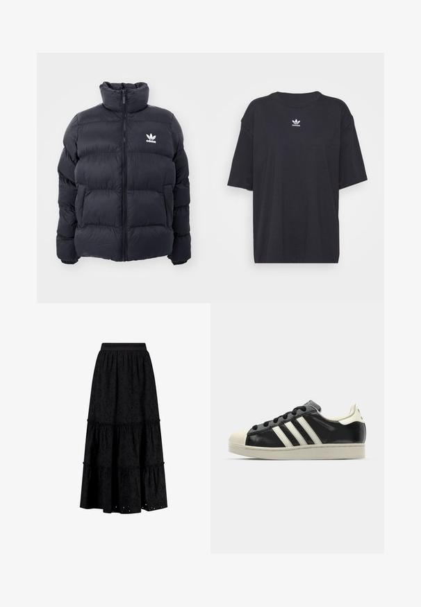 Navy puffer jacket with high collar, zip closure, and white Adidas logo on the chest. Features stitched panels and a smooth, shiny texture.; Black cotton t-shirt with short sleeves, round neckline, features a white Adidas logo on the chest. Simple design, relaxed fit.; Shiwi GIGI EMBRODERIE - Maxi skirt - broderie black; Black leather sneaker with white stripes, rubber toe cap, black laces, and a cream-colored outsole. Smooth texture with shiny finish.