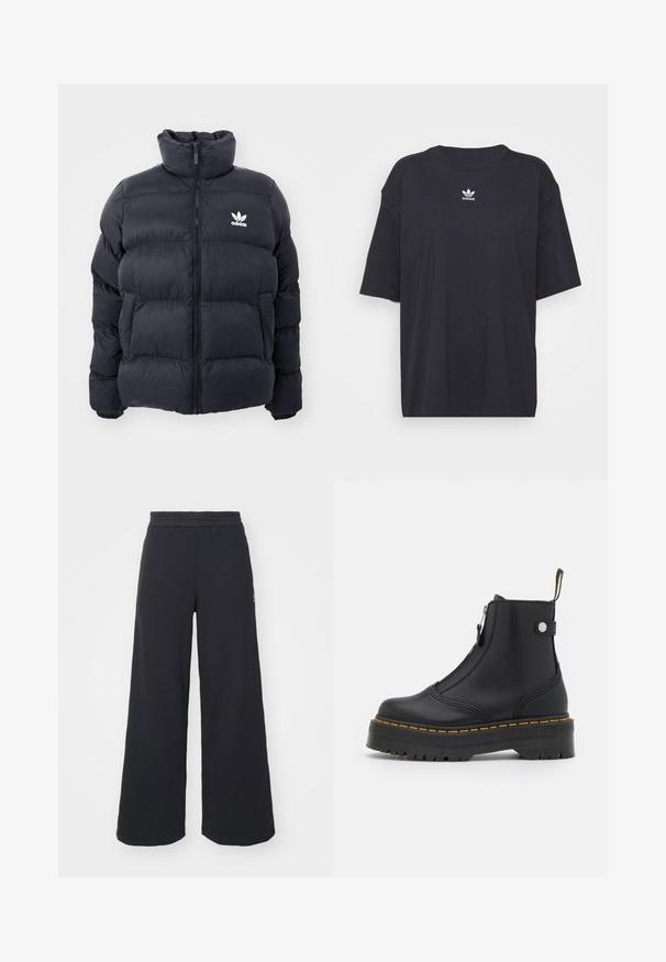 Mornarska puffer jakna s visokim ovratnikom, zatvaranjem na zip i bijelim Adidas logotipom na prsima. Ima šivane panele i glatku, sjajnu teksturu.; Crna pamučna majica kratkih rukava, okruglog izreza, s bijelim Adidas logom na prsima. Jednostavan dizajn, opušteni kroj.; Crne široke sweatpants hlače napravljene od mekog materijala, s elastičnim strukom i malim logotipom s lijeve strane.; Crne antilop čizme do gležnja izrađene od glatke kože, s bočnim patentnim zatvaračem, žutim šavovima i debelim, rebrastim gumiranim potplatom.