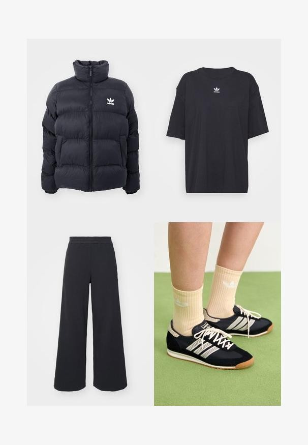 Navy puffer jacket with high collar, zip closure, and white Adidas logo on the chest. Features stitched panels and a smooth, shiny texture.; Black cotton t-shirt with short sleeves, round neckline, features a white Adidas logo on the chest. Simple design, relaxed fit.; Black wide-leg sweatpants made from soft fabric, featuring an elastic waistband and a small logo on the left side.; Navy blue sneakers with white stripes, suede accents, and rubber sole. Paired with light beige ribbed socks featuring a subtle logo.