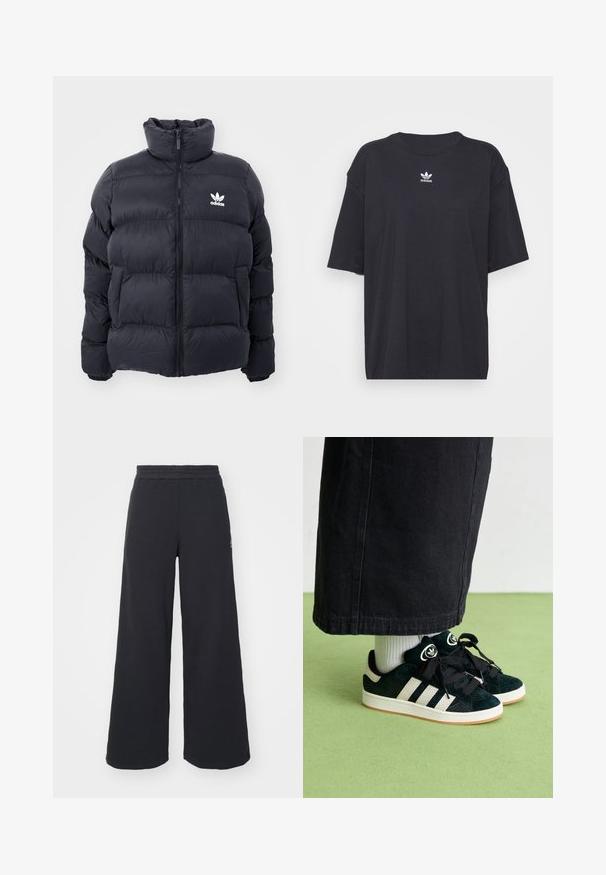 Jūras zils pūkains jaka ar augstu apkakli, rāvējslēdzēja aizdari un balto Adidas logo uz krūtīm. Iekļauj izšūtas paneļus un gludu, spīdīgu tekstūru.; Melna kokvilnas t-kreklā ar īsām piedurknēm un apaļu kakla izgriezumu, uz krūtīm ir balta Adidas logo. Vienkāršs dizains, brīvs piegriezums.; Melni platās svārku bikses, izgatavotas no mīksta auduma, ar elastīgu jostas daļu un mazu logotipu kreisajā pusē.; Zaļi zamša sporta apavi ar trim baltām strīpām, melnām auklām un gumijas zoli. Valkāti ar baltām zeķēm un melnām platām biksēm.