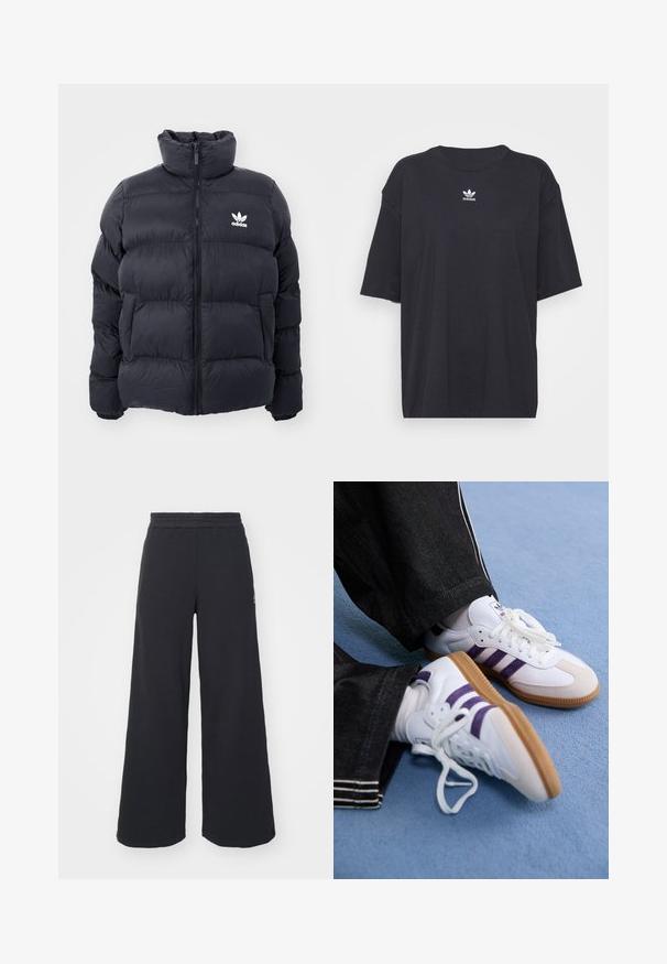 Mornarska puhovka z visokim ovratnikom, zadrgo in belim logotipom Adidas na prsih. Ima šivane panele in gladko, sijočo teksturo.; Črna bombažna majica s kratkimi rokavi in okroglo ovratnikom, ki na prsih prikazuje bele Adidasove logotip. Enostaven dizajn, sproščen kroj.; Črne široke trenirke iz mehkega blaga, z elastičnim pasom in majhnim logotipom na levi strani.; Bele atletske čevlje bele barve s purpurnimi črtami in rjavimi gumijastimi podplati, opremljeni z okroglimi vezalkami in oblazinjenim ovratnikom. Nosijo se s temnimi džins hlačami.