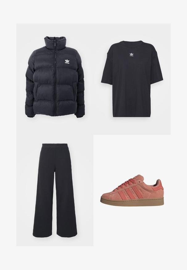 Marineblaues Puffer-Jackett mit hohem Kragen, Reißverschluss und weißem Adidas-Logo auf der Brust. Verfügt über gestickte Paneele und eine glatte, glänzende Textur.; Schwarzes Baumwoll-T-Shirt mit kurzen Ärmeln, rundem Halsausschnitt, mit einem weißen Adidas-Logo auf der Brust. Einfaches Design, lockere Passform.; Schwarze weite Sweatpants aus weichem Material, mit einem elastischen Taillenbund und einem kleinen Logo auf der linken Seite.; adidas Originals CAMPUS 00S  - Sneaker low - preloved scarlet   gold metallic