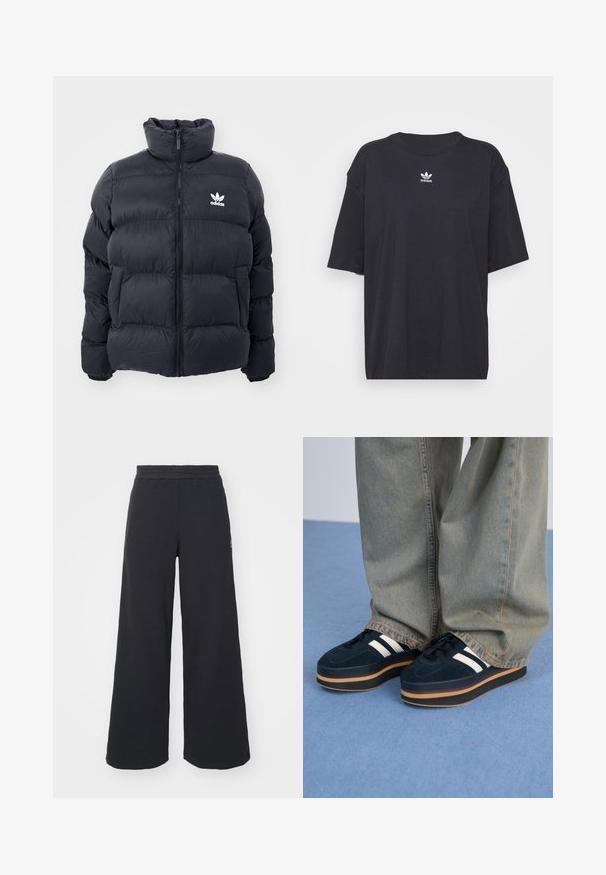 Navy puffer jacket with high collar, zip closure, and white Adidas logo on the chest. Features stitched panels and a smooth, shiny texture.; Black cotton t-shirt with short sleeves, round neckline, features a white Adidas logo on the chest. Simple design, relaxed fit.; Black wide-leg sweatpants made from soft fabric, featuring an elastic waistband and a small logo on the left side.; Dark blue suede platform sneakers with white stripes and black laces. Features a thick brown rubber sole. Worn with light blue denim pants.