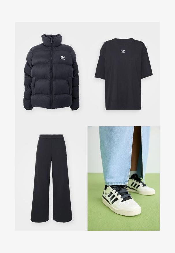 Casaco puffer azul marinho com gola alta, fecho de zip e logotipo branco da Adidas no peito. Apresenta painéis cosidos e uma textura suave e brilhante.; T-shirt de algodão preto com mangas curtas, decote arredondado, apresenta um logótipo branco da Adidas no peito. Design simples, ajuste descontraído.; Calças de fato largas, pretas, feitas de tecido macio, com uma cintura elástica e um pequeno logótipo do lado esquerdo.; Sapatilhas brancas de couro com detalhes e cordões pretos. Apresentam três riscas pretas, uma biqueira perfurada e uma sola de borracha texturizada.