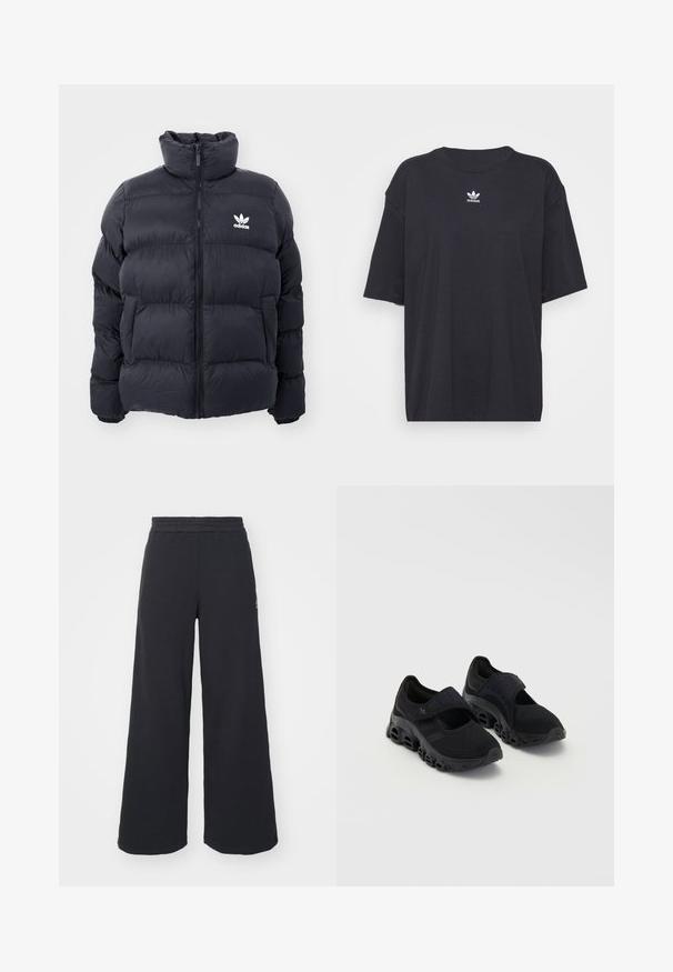 Casaco puffer azul marinho com gola alta, fecho de zip e logotipo branco da Adidas no peito. Apresenta painéis cosidos e uma textura suave e brilhante.; T-shirt de algodão preto com mangas curtas, decote arredondado, apresenta um logótipo branco da Adidas no peito. Design simples, ajuste descontraído.; Calças de fato largas, pretas, feitas de tecido macio, com uma cintura elástica e um pequeno logótipo do lado esquerdo.; Ténis atléticos pretos com parte superior em malha, tira de segurança sobre o peito do pé, sola espessa com recortes arredondados e detalhes texturizados nas laterais.