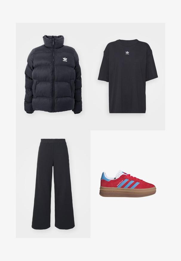 Casaco puffer azul marinho com gola alta, fecho de zip e logotipo branco da Adidas no peito. Apresenta painéis cosidos e uma textura suave e brilhante.; T-shirt de algodão preto com mangas curtas, decote arredondado, apresenta um logótipo branco da Adidas no peito. Design simples, ajuste descontraído.; Calças de fato largas, pretas, feitas de tecido macio, com uma cintura elástica e um pequeno logótipo do lado esquerdo.; adidas Originals GAZELLE BOLD - Sapatilhas - active pink   semi blue burst   cloud white