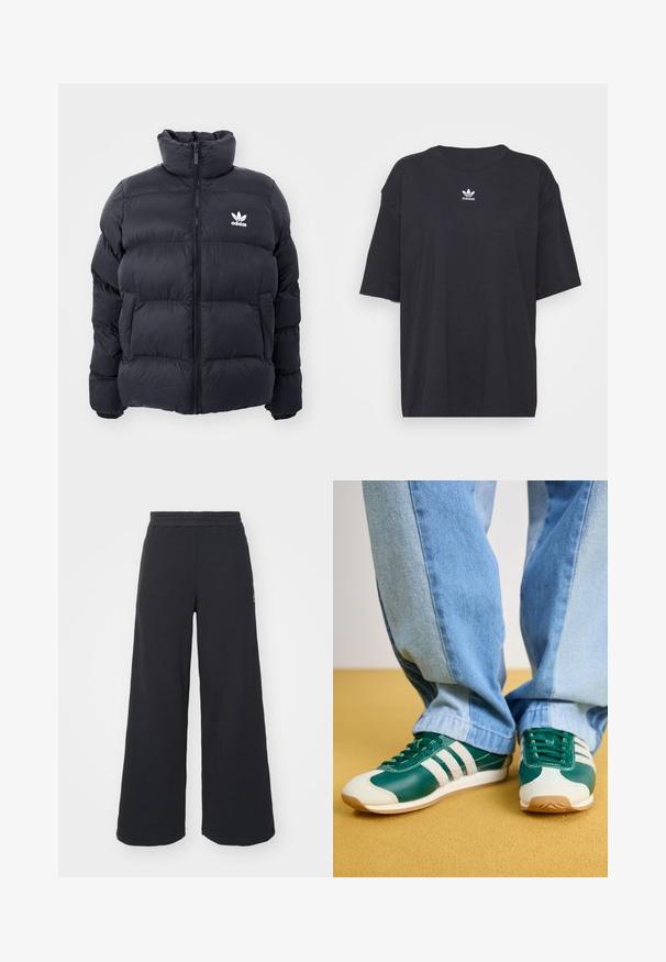 Tengerész kék puffertöltött dzseki magas gallérral, cipzáros záródással és fehér Adidas logóval a mellkasán. Jellemzője a tűzött panelek és a sima, fényes textúra.; Fekete pamut póló rövid ujjakkal, kerek nyakkivágással, mellkason fehér Adidas logóval. Egyszerű dizájn, laza fazon.; Fekete, bő szárú melegítőnadrág, puha anyagból készült, rugalmas derékkal és egy kis logóval a bal oldalon.; adidas Originals COUNTRY OG - Sportcipő - collegiate green/off white/silver metallic