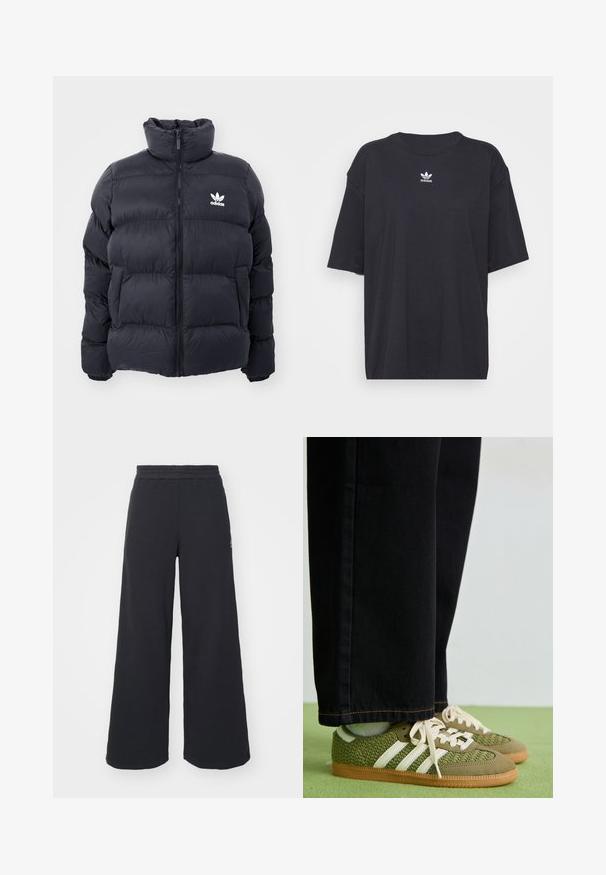 Casaco puffer azul marinho com gola alta, fecho de zip e logotipo branco da Adidas no peito. Apresenta painéis cosidos e uma textura suave e brilhante.; T-shirt de algodão preto com mangas curtas, decote arredondado, apresenta um logótipo branco da Adidas no peito. Design simples, ajuste descontraído.; Calças de fato largas, pretas, feitas de tecido macio, com uma cintura elástica e um pequeno logótipo do lado esquerdo.; Sneakers verdes trançados com riscas brancas, detalhes em camurça e sola de borracha de goma, combinados com calças de ganga pretas.