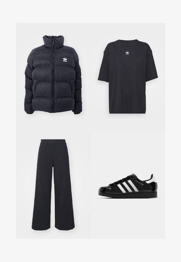 Navy puffer jacket with high collar, zip closure, and white Adidas logo on the chest. Features stitched panels and a smooth, shiny texture.; Black cotton t-shirt with short sleeves, round neckline, features a white Adidas logo on the chest. Simple design, relaxed fit.; Black wide-leg sweatpants made from soft fabric, featuring an elastic waistband and a small logo on the left side.; adidas Originals SUPERSTAR II - Trainers - core black/footwear white/gold metallic