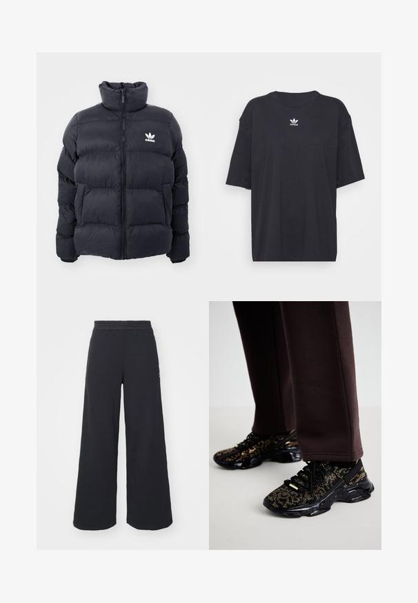 Tummansininen puffer-takki, jossa on korkea kaulus, vetoketjusuljenta ja valkoinen Adidas-logo rinnassa. Takissa on ommeltuja paneeleja ja sileä, kiiltävä pinta.; Musta puuvillapaita lyhyillä hihoilla, pyöreä pääntie, jossa on valkoinen Adidas-logo rinnassa. Yksinkertainen muotoilu, rento istuvuus.; Mustat leveät collegehousut, jotka on valmistettu pehmeästä kankaasta. Niissä on elastinen vyötärö ja pieni logo vasemmalla puolella.; Mustat lenkkitossut kultaisilla pisaroilla, tekstuuripinta ja paksu musta pohja. Yhdistetty ruskeisiin verkkareihin, jotka korostavat istuvaa muotoilua.