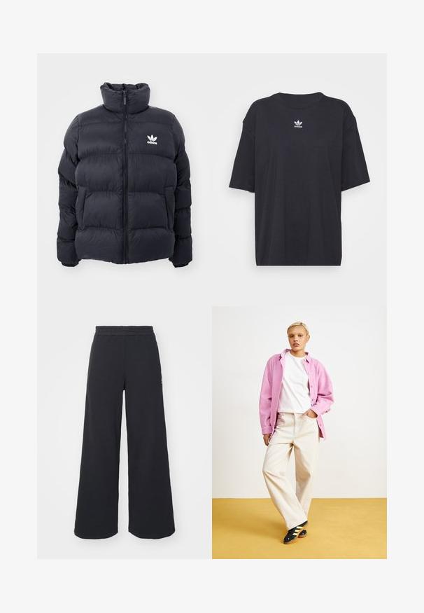 Casaco puffer azul marinho com gola alta, fecho de zip e logotipo branco da Adidas no peito. Apresenta painéis cosidos e uma textura suave e brilhante.; T-shirt de algodão preto com mangas curtas, decote arredondado, apresenta um logótipo branco da Adidas no peito. Design simples, ajuste descontraído.; Calças de fato largas, pretas, feitas de tecido macio, com uma cintura elástica e um pequeno logótipo do lado esquerdo.; Camisa de corduroy rosa sobre uma t-shirt branca, combinada com calças largas bejes e sapatos pretos com riscas amarelas. Colocada sobre um fundo amarelo.
