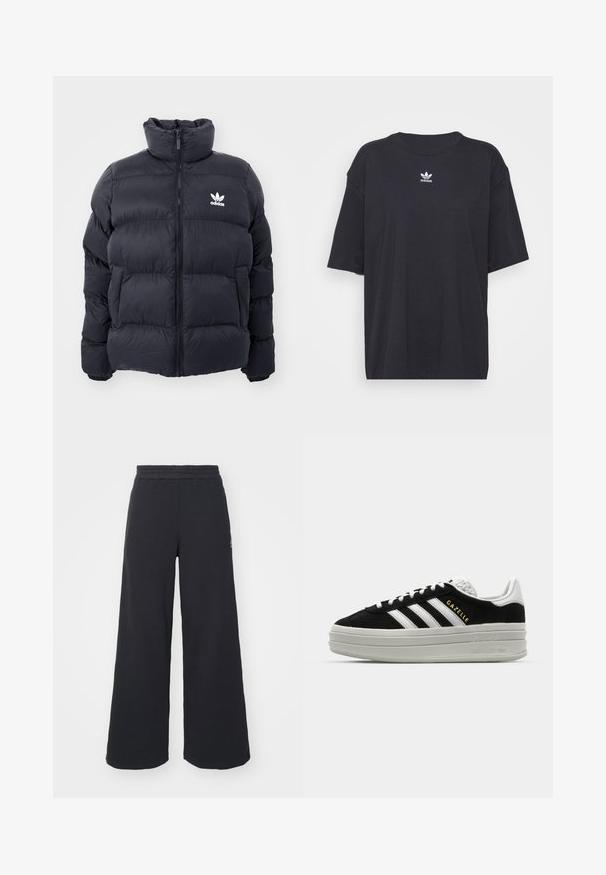 Doudoune marine avec col haut, fermeture éclair et logo Adidas blanc sur la poitrine. Présente des panneaux cousus et une texture lisse et brillante.; T-shirt en coton noir à manches courtes, col rond, avec un logo Adidas blanc sur la poitrine. Design simple, coupe décontractée.; Pantalons de survêtement larges noirs en tissu doux, dotés d'une taille élastique et d'un petit logo sur le côté gauche.; Baskets en daim noir avec des accents en cuir blanc, trois rayures blanches, lacets plats et une semelle épaisse en gris. Marquage doré "Gazelle".