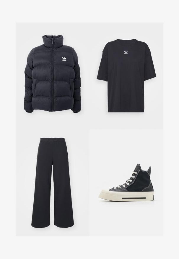 Navy puffer jacket with high collar, zip closure, and white Adidas logo on the chest. Features stitched panels and a smooth, shiny texture.; Black cotton t-shirt with short sleeves, round neckline, features a white Adidas logo on the chest. Simple design, relaxed fit.; Black wide-leg sweatpants made from soft fabric, featuring an elastic waistband and a small logo on the left side.; High-top sneaker with a black canvas upper, contrasting white stitching, and a thick cream rubber sole. Features round laces and a textured back.