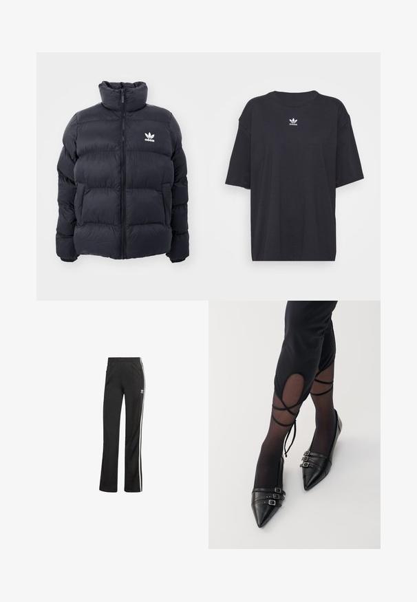 Jūras zils pūkains jaka ar augstu apkakli, rāvējslēdzēja aizdari un balto Adidas logo uz krūtīm. Iekļauj izšūtas paneļus un gludu, spīdīgu tekstūru.; Melna kokvilnas t-kreklā ar īsām piedurknēm un apaļu kakla izgriezumu, uz krūtīm ir balta Adidas logo. Vienkāršs dizains, brīvs piegriezums.; Melnas sporta bikses ar brīvu piegriezumu, ar baltām sānu svītrām un elastīgu jostasvītu. Ietver mazu logo detaļu sānos.; Melnas līdzenes kurpes ar norādītu purngalu, izgatavotas no ādas, ar trim metāla sprādžu akcentiem un gludu apdari, valkātas ar caurspīdīgām melnām zeķubiksēm.