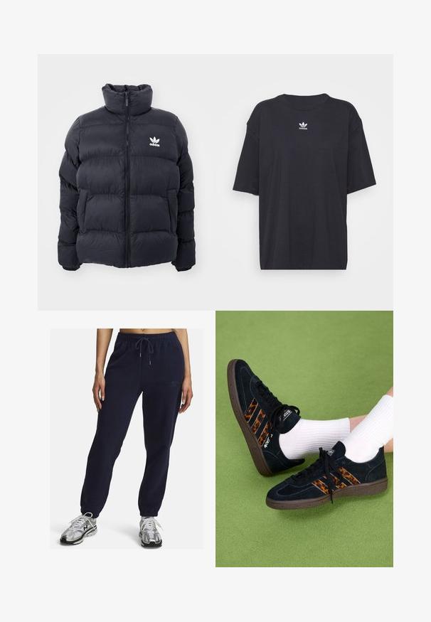 Marineblauwe pufferjack met hoge kraag, ritssluiting en wit Adidas-logo op de borst. Beschikt over gestikte panelen en een gladde, glanzende textuur.; Zwarte katoenen T-shirt met korte mouwen, ronde halslijn, voorzien van een wit Adidas-logo op de borst. Eenvoudig ontwerp, comfortabele pasvorm.; Marineblauwe fleece joggingbroeken met elastische tailleband, trekkoord en geplooide enkels. Bevat een subtiele geborduurde logo aan de zijkant.; Zwarte suède sneakers met leopoardenprint drie strepen en bruine rubberen zolen. Draag ze met witte geribbelde sokken op een groene ondergrond.
