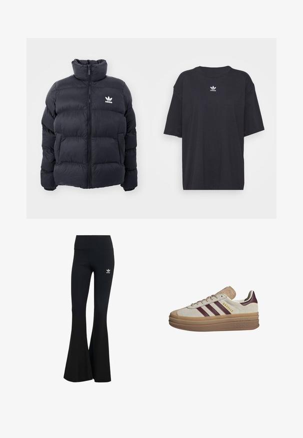 Chaqueta acolchada de color marino con cuello alto, cierre de cremallera y logo blanco de Adidas en el pecho. Presenta paneles cosidos y una textura suave y brillante.; Camiseta de algodón negra con mangas cortas, cuello redondo, presenta un logo blanco de Adidas en el pecho. Diseño simple, ajuste relajado.; Leggings negras de canalé acampanados con una cinturilla ancha, que presentan un pequeño logo blanco de Adidas en la parte superior izquierda. Textura de tejido suave.; Zapatillas de ante beige con rayas burdeos, detalles blancos, una suela gruesa y translúcida, y un logo elevado en el lateral. Diseño con cordones.