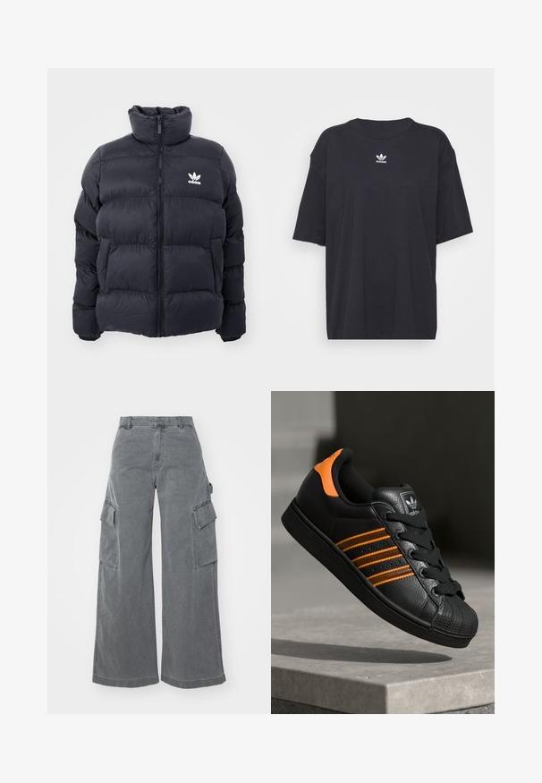 Marinblå puffjakke med høj krave, lynlås lukning og hvid Adidas-logo på brystet. Har syede paneler og en glat, blank overflade.; Sort bomulds t-shirt med korte ærmer, rund halsudskæring, med et hvidt Adidas-logo på brystet. Enkel design, afslappet pasform.; Grå wide-leg cargobukser lavet af bomuld, med to sidelommer og høj talje, med en glat, let struktureret overflade.; Sort sneakers med orange detaljer, tre vandrette striber, tekstureret læderoverdel, gummikappe og sorte snørebånd.
