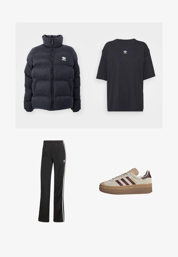 Jūras zils pūkains jaka ar augstu apkakli, rāvējslēdzēja aizdari un balto Adidas logo uz krūtīm. Iekļauj izšūtas paneļus un gludu, spīdīgu tekstūru.; Melna kokvilnas t-kreklā ar īsām piedurknēm un apaļu kakla izgriezumu, uz krūtīm ir balta Adidas logo. Vienkāršs dizains, brīvs piegriezums.; Melnas sportiskas bikses ar pieguļošu piegriezumu, elastīgu jostasvietu, sānu rāvējslēdzēja kabatām un baltām sānu svītrām. Izgatavotas no mīksta, elpojoša auduma.; Beige zamšādas sporta apavi ar bordo svītrām, baltām akcentēm, masīvu caurspīdīgu zoli un paceltu zīmolu sānos. Šņorēšanas dizains.