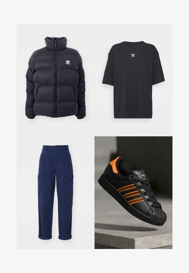 Navy puffer jacket with high collar, zip closure, and white Adidas logo on the chest. Features stitched panels and a smooth, shiny texture.; Black cotton t-shirt with short sleeves, round neckline, features a white Adidas logo on the chest. Simple design, relaxed fit.; Carhartt WIP COLLINS PANT - Cargo trousers - air force blue; Black sneaker with orange accents, three horizontal stripes, textured leather upper, rubber toe cap, and black laces.