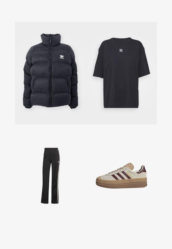 Mornarska puhovka z visokim ovratnikom, zadrgo in belim logotipom Adidas na prsih. Ima šivane panele in gladko, sijočo teksturo.; Črna bombažna majica s kratkimi rokavi in okroglo ovratnikom, ki na prsih prikazuje bele Adidasove logotip. Enostaven dizajn, sproščen kroj.; Črne športne hlače sproščenega kroja, z belimi stranskimi črtami in elastičnim pasom. Vključujejo majhen logotip na strani.; Beige ante čevlji s temno rdečimi črtami, belimi detajli, masivnim prozornim podplatom in povišano blagovno znamko na strani. Sponke za vezanje.